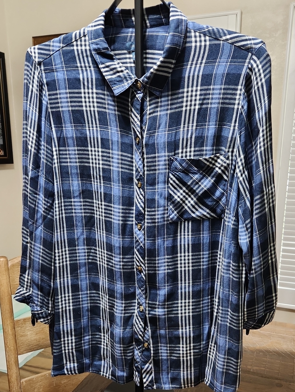 J Jill Women's Blue Plaid Button-Up Shirt